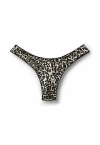 Leopardprint g-streng med sort blondekant. Har et blødt, glat stof og en V-formet front, der tilbyder minimal dækning og et slankt design.