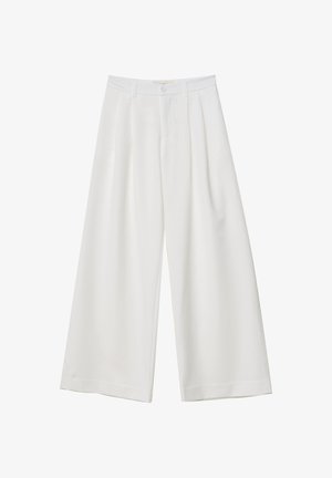 White wide-leg trousers featuring a pleated front, button closure, and a smooth fabric texture. Suitable for casual or formal settings.
