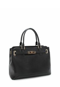 Sac à main en cuir noir à forme structurée, avec double poignée, ferrures dorées et fermeture à fermoir. Surface texturée avec un subtil grain.