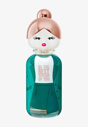 Flacon de parfum décoratif en forme de femme avec un chignon en or rose, une tenue bleu sarcelle et le texte "SOIS LA MEILLEURE VERSION DE TOI" sur le t-shirt.
