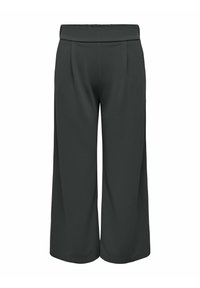 Weite Hose aus dunkelgrauem Stoff mit glatter Textur. Sie verfügt über einen elastischen Bund und zwei frontale Falten für zusätzliche Details.