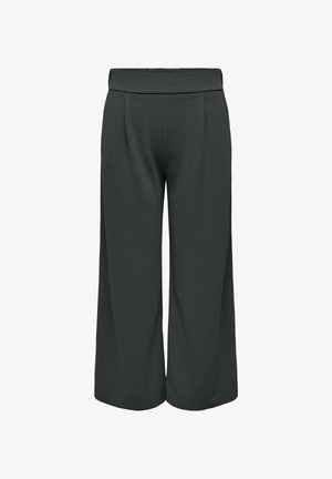 Pantalones de pierna ancha en tela de color gris oscuro con una textura suave. Cuentan con una cinturilla elástica y dos pliegues frontales para añadir detalle.