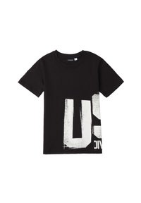 Camiseta de algodón negra de manga corta con un gran gráfico en blanco desgastado que presenta "US" impreso de manera prominente en el frente. Diseño clásico de cuello redondo.