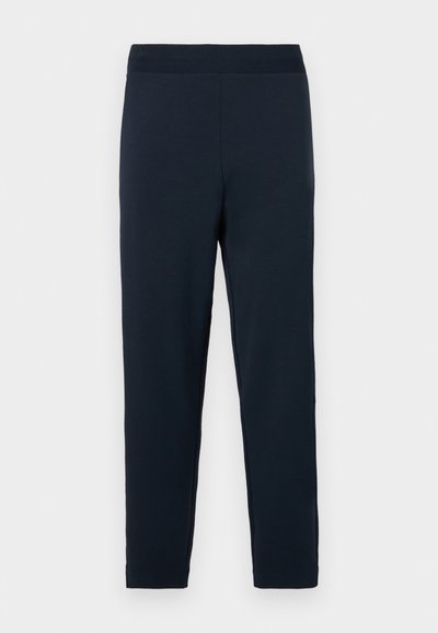 Navy blue sweatpants made of soft cotton blend, featuring a stretchy waistband, tapered legs, and no visible patterns or accents.