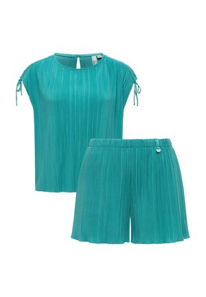 Teal plisseret top med korte ærmer og bindebånd på skuldrene, samt matchende plisserede shorts med elastisk talje.