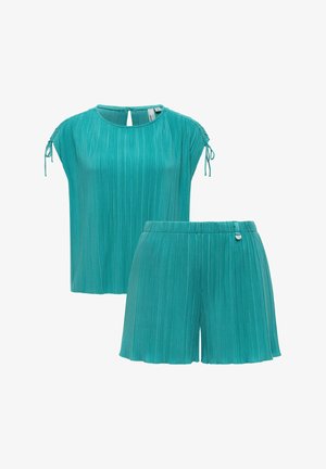 Top corto plissettato verde acqua con maniche corte e laccetti sulle spalle, abbinato a shorts plissettati con vita elastica coordinati.