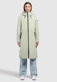 Light green, knee-length jacket with a hood, front zipper, and two side pockets. Features black hardware and a smooth, water-resistant finish.