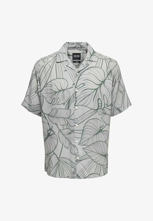 Rövid ujjú ing világosszürke színben, zöld levélmintákkal, gombos elülső résszel és klasszikus gallérral. Könnyű anyagból készült.