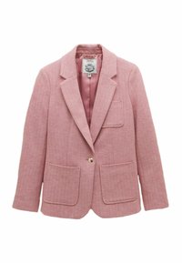 Roosa houndstooth musteriga bleiser, millel on nurgelised kraed, kaks eesmise taskut ja üks kuldne nupp. Vooder on ühtlasest roosast materjalist.