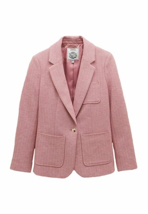 Pink houndstooth blazer with a notched collar, two front pockets, and a single gold button. Lined in a solid pink material.