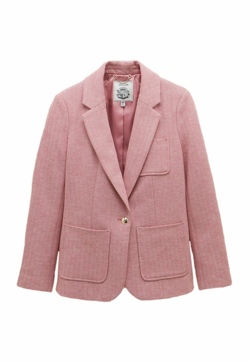 Roosa houndstooth musteriga bleiser, millel on nurgelised kraed, kaks eesmise taskut ja üks kuldne nupp. Vooder on ühtlasest roosast materjalist.