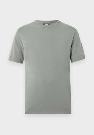 Maglietta grigia in cotone con scollo rotondo, maniche corte e design semplice. Presenta una texture liscia e cuciture uniformi lungo gli orli.