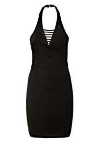 Robe ajustée noire à col licou avec un profond décolleté en V et des détails de lanières horizontales sur la poitrine.