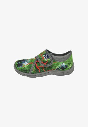 Grüner Kinderschuh mit grauer Sohle und Besatz, ausgestattet mit einem Monstertruck- und roten Blitzdesign sowie einem Klettverschluss.