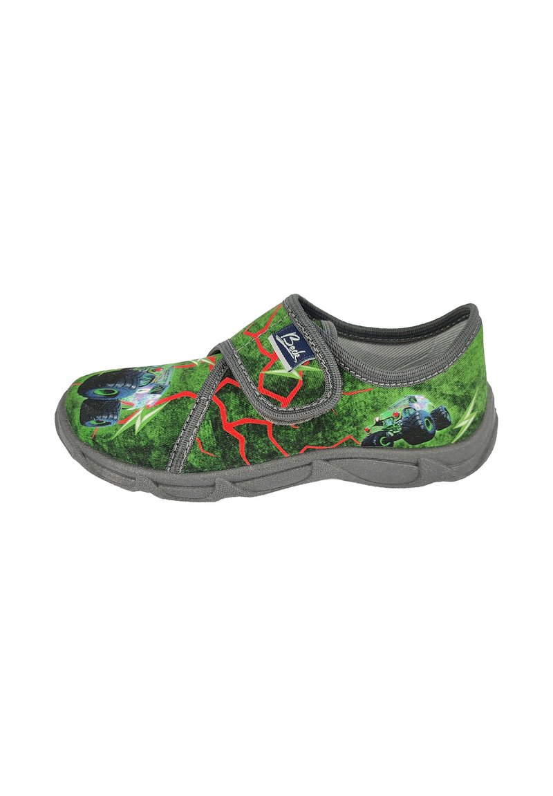 Grüner Kinderschuh mit grauer Sohle und Besatz, ausgestattet mit einem Monstertruck- und roten Blitzdesign sowie einem Klettverschluss.