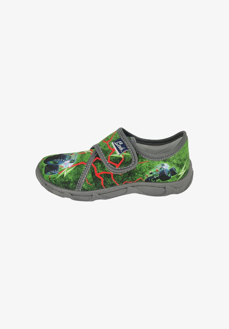 Grüner Kinderschuh mit grauer Sohle und Besatz, ausgestattet mit einem Monstertruck- und roten Blitzdesign sowie einem Klettverschluss.