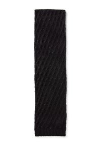 Écharpe noire en tricot avec un motif texturé en forme de diamant. Matériau doux avec une subtile brillance. Design long et étroit, terminé par un bord côtelé.