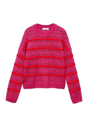 Różowy sweter z dzianiny z szerokimi czerwonymi poziomymi paskami, z wzorem ażurowym, okrągłym dekoltem oraz ściągaczami przy mankietach i hemie.