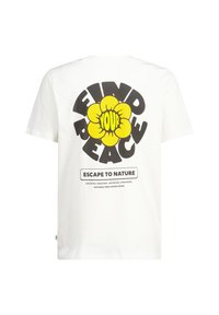 Maglietta bianca in cotone con una grande stampa floreale nera e gialla, accompagnata dal testo "TROVA LA TUA PACE" e "SCAPPA NELLA NATURA."