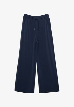 Marinefarbene weite Hosen aus weichem Stoff, mit einem elastischen Bund und Kordelzug sowie zwei Seitentaschen.