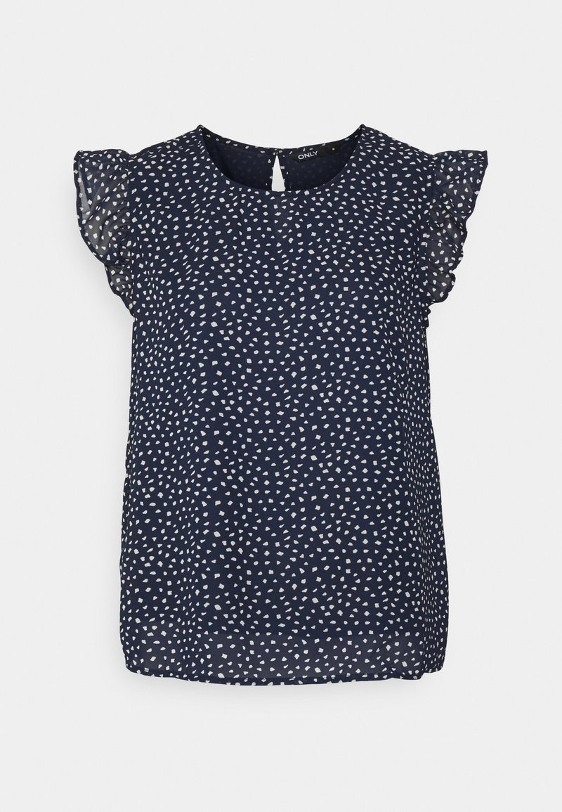Marineblå bluse med et spredt hvitt geometrisk mønster, korte volangermmer og detalj med nøkkelhull bak. Lett, glatt stoff.