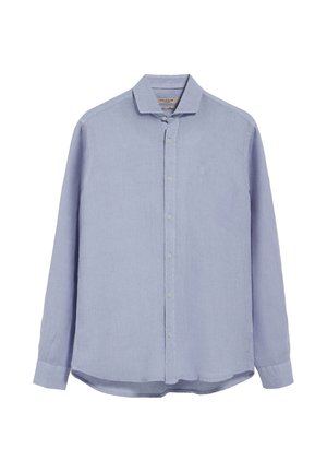Himmelblaues Langarmhemd aus weichem Stoff, mit klassischem Kragen, Knopfverschluss und kleinem gesticktem Logo auf der Brust.