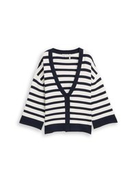 Cardigan med brede marineblå og hvite horisontale striper, dyp V-hals, tre svarte knapper og brede mansjetter på lange ermer.