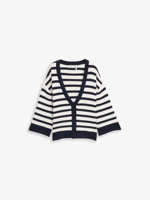 Ζακέτα με φαρδιές οριζόντιες ρίγες σε ναυτικό μπλε και λευκό, βαθύ V-λαιμόκοψη, τρία μαύρα κουμπιά και φαρδιά μανίκια με μανσέτες.