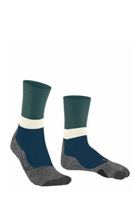 Calzini in verde, bianco e blu scuro, con un motivo a maglia testurizzato e suole grigie con aree rinforzate per le punte e i talloni per una maggiore durata.