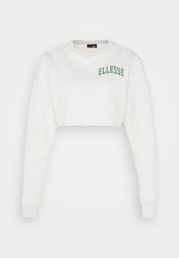Felpa cropped in grigio chiaro con maniche lunghe. Presenta il testo verde "ELLESSE" sul petto. Realizzata in tessuto morbido con una consistenza liscia.
