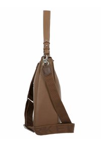 Sac en cuir marron texturé au design slim, avec une bandoulière amovible et des accessoires en métal argenté. La vue de côté met en évidence sa forme et son matériau.