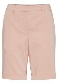 Gaiši rozā šorti, kas izgatavoti no gludas auduma, ar jostu ar cilpām, divām priekšējām kabatām un ruļļotiem uzmavām apakšmalā.