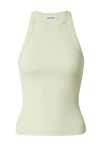 Lichtgroene geribde tanktop met een hoge halslijn en mouwloos ontwerp. Glad textuur en aansluitende pasvorm. Merkembleem op de hals.