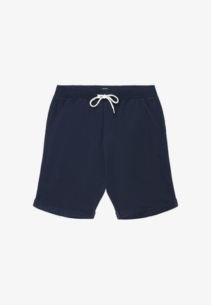 Pantaloncini blu navy realizzati in materiale morbido, con vita regolabile tramite coulisse, due tasche laterali e orli risvoltati. Design semplice e funzionale.