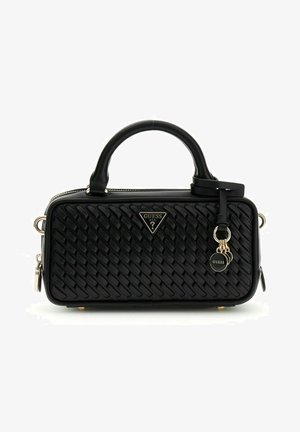 Sac à main noir Guess avec motif diagonal texturé, poignées supérieures, quincaillerie dorée, logo triangulaire de marque et breloques rondes sur le devant.