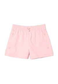 Růžové sportovní šortky s elastickým pasem, šnúrkou na stažení a dvěma bočními kapsami na zip. Hladká látka s lehkým designem.