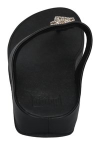 Zwarte flip-flop sandaal met een gestructureerde voetbed, slanke band en een versierde rhinestone accent op de teenband.