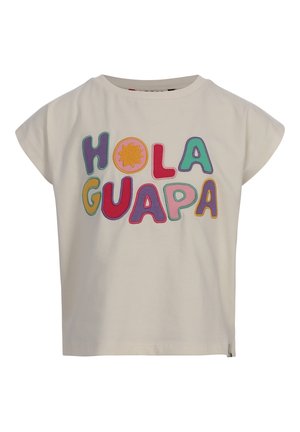 Crèmekleurig peuter-T-shirt met kleurrijke, speelse letters die "HOLA GUAPA" spellen en een gele zonafbeelding binnen de letter "O".