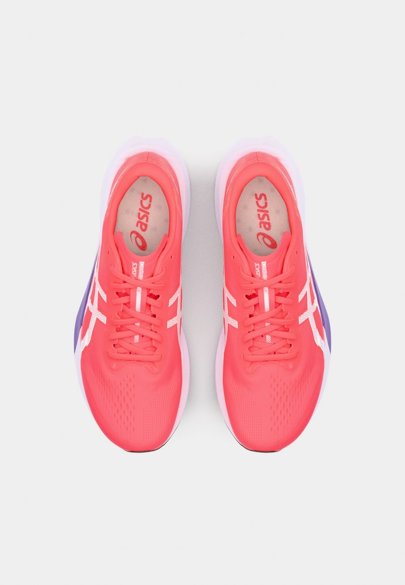 Asics running shoes in vibrant pink with white accents, a textured upper, and a purple gradient sole, featuring traditional lacing for a secure fit.