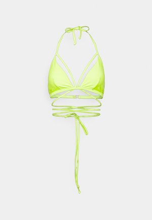 Neon dzeltena bikini topiņa ar trīsstūrveida dizainu, plānām regulējamām siksnām un izgriezumu detaļām. Izgatavota no gludas, elastīgas materiāla.