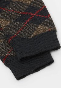 Wollmischungshandschuhe mit schwarzem Grund und goldenen sowie roten diagonalen Streifen. Gerippte Bündchen mit einer weichen, strukturierten Oberfläche.
