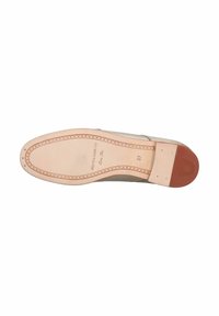Sole in pelle di scarpa, beige chiaro con una finitura liscia. Presenta una cucitura intricata, un tacco in gomma marrone e dettagli di testo del marchio. Taglia 37.