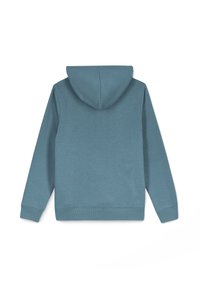 Felpa con cappuccio di colore blu, caratterizzata da una texture morbida, maniche lunghe, polsini a coste e orlo inferiore, con una cucitura centrale sul retro.