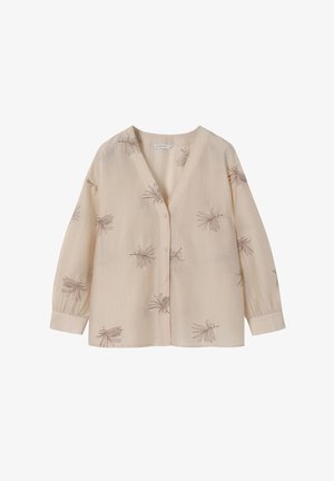 Light beige blouse with a V-neck and button closure. Features subtle striped texture and embroidered floral patterns in brown. Long sleeves.