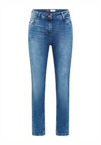 Jean en denim bleu taille haute, coupe slim, avec bouton frontal, fermeture éclair et cinq poches.