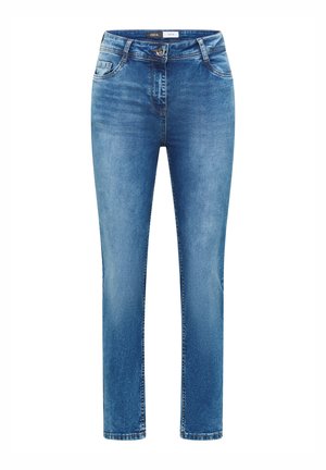 Jean en denim bleu taille haute, coupe slim, avec bouton frontal, fermeture éclair et cinq poches.