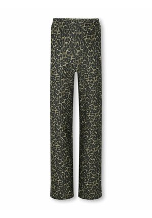 Leopard print pants in muted green and black, made of soft fabric. Features a straight cut and an elastic waistband for comfort.