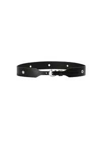 Cinturón de cuero negro con un acabado suave, que presenta herrajes metálicos y múltiples agujeros para ajuste. Diseño minimalista con una silueta elegante.