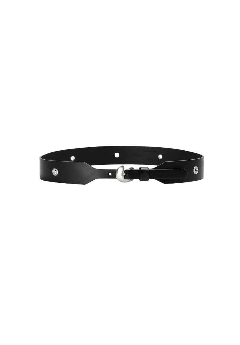 Cinturón de cuero negro con un acabado suave, que presenta herrajes metálicos y múltiples agujeros para ajuste. Diseño minimalista con una silueta elegante.