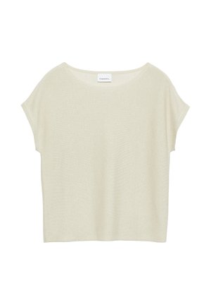 Hellbeige Kurzarmoberteil mit rundem Ausschnitt und lockerer Passform, mit einem Stoffetikett mit der Aufschrift "COMMA" im Kragen innen.
